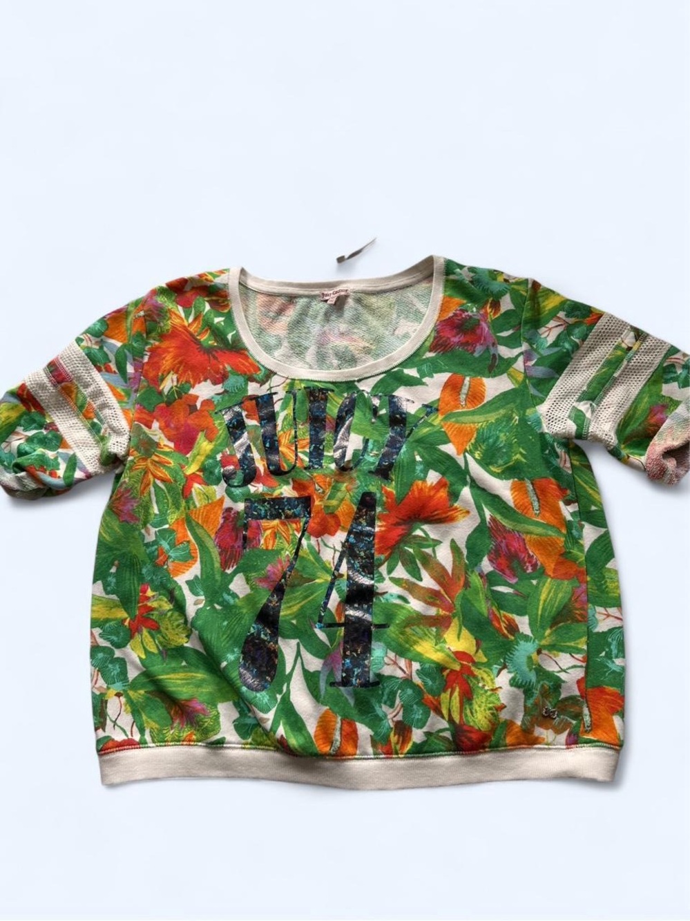 Vintage Juicy Couture Green Floral Short Sleeve Top with Metallic '74' Graphic